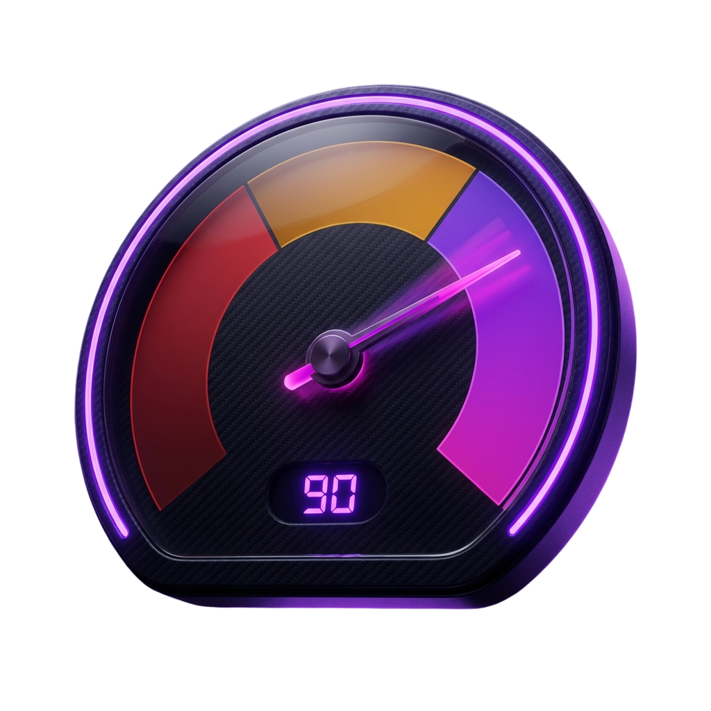Website Speed Gauge — Zeiger zeigt auf 90 im grünen Bereich